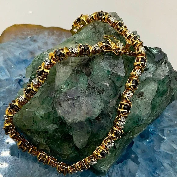 7 1/2” 12KGoldOver Sterling Silver(925) Midnight Blue Sapphire&Diamond Bracelet - Picture 3 of 6